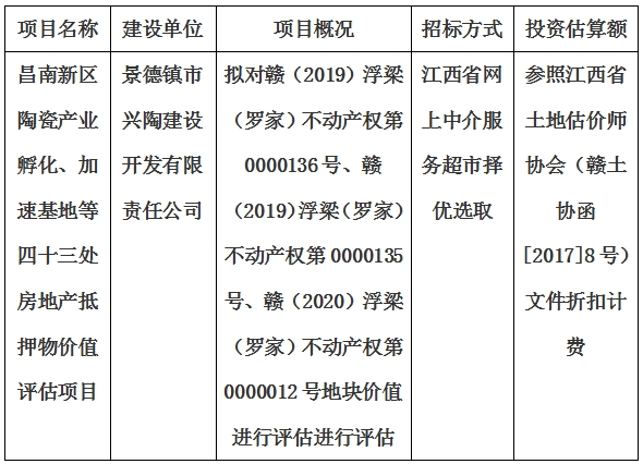 昌南新區(qū)陶瓷產(chǎn)業(yè)孵化、加速基地等四十三處房地產(chǎn)抵押物價值評估單位選取計劃公告