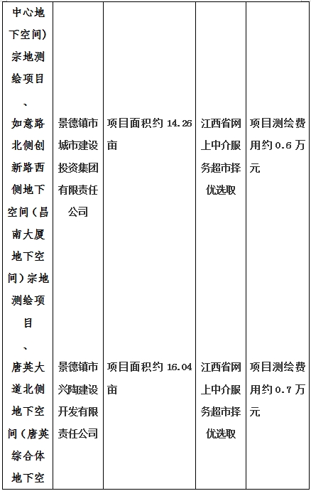 景德鎮(zhèn)市昌南新區(qū)LJ1-03-A01-1地塊、瓷都大道東側(cè)中渡口地下空間（格蘭云天大酒店地下空間）、光明大道北側(cè)利民路西側(cè)地下空間（青少年宮地下空間）、規(guī)劃二路北側(cè)地下空間地塊二（加速基地地下空間）、規(guī)劃二路北側(cè)地下空間地塊一（加速基地地下空間）、景德大道南側(cè)天寶橋西側(cè)地塊、景興大道東側(cè)如意路北側(cè)地下空間(社會公共服務(wù)