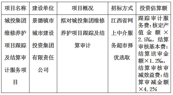 城投集團(tuán)維修養(yǎng)護(hù)項(xiàng)目跟蹤及結(jié)算審計服務(wù)項(xiàng)目計劃公告